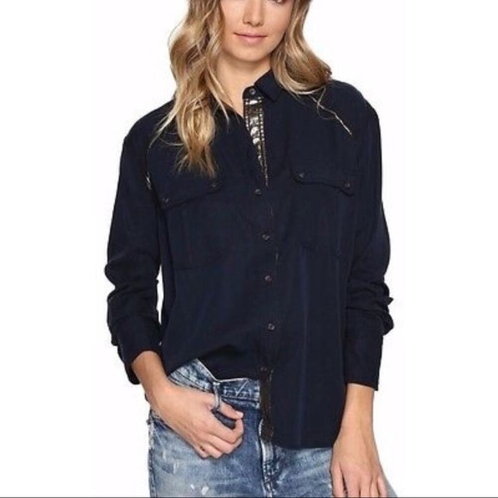 Free People OFF CAMPUS Button Up Shirt Top in Navy Blue Metallic Trim M NWT $108 - Picture 6 of 12